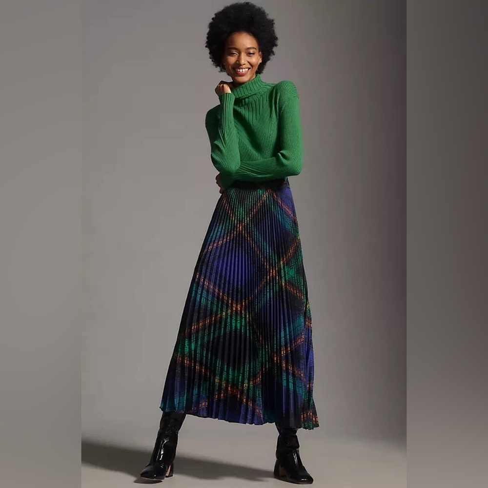 Anthropologie Green Sweater with Navy & Multicolor Plaid Maxi Skirt